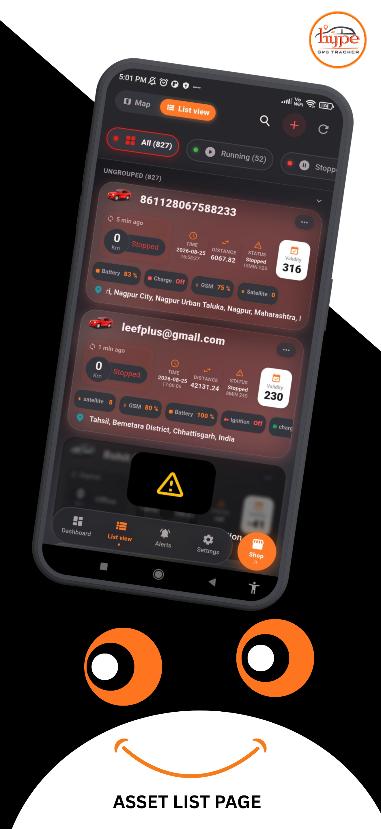 Asset list view in the Hype GPS app