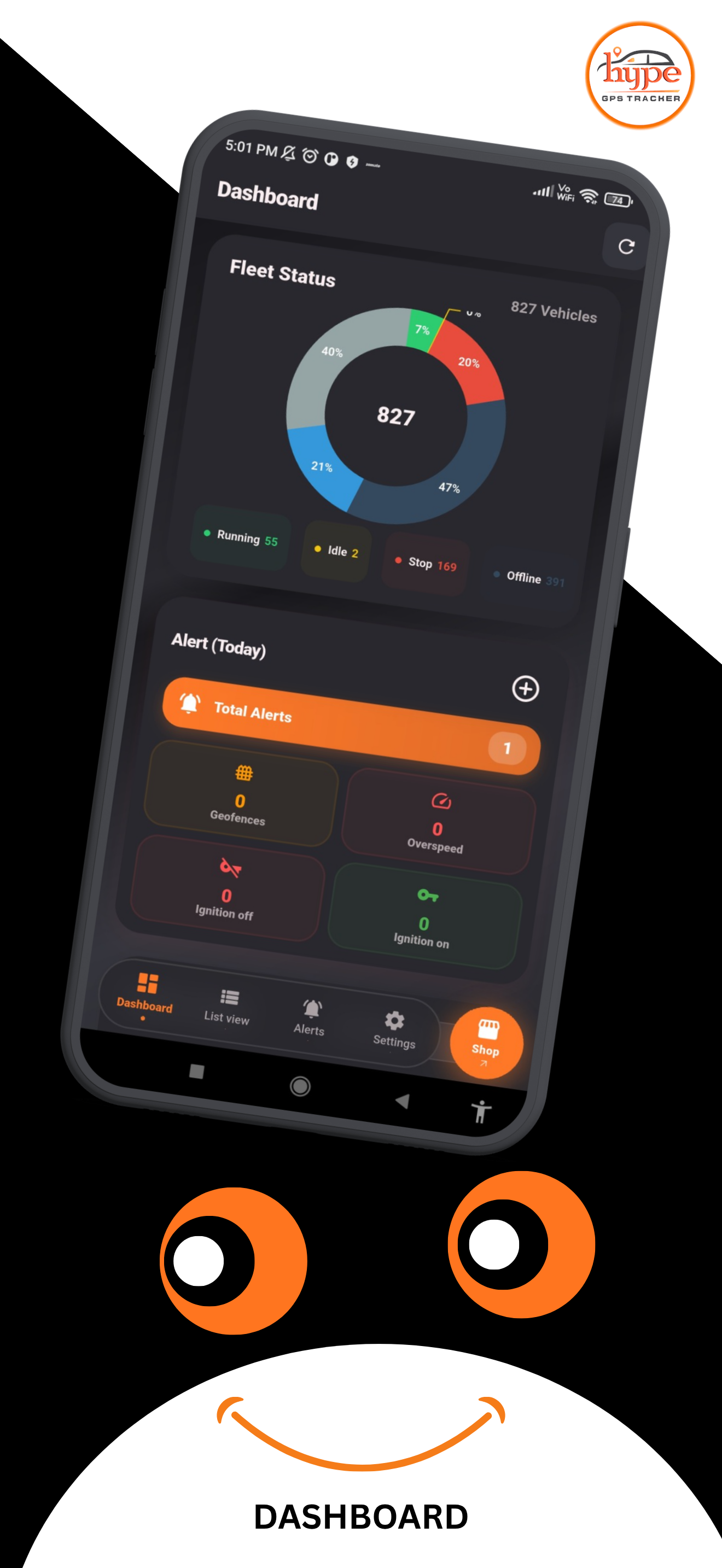 Fleet dashboard in the Hype GPS app