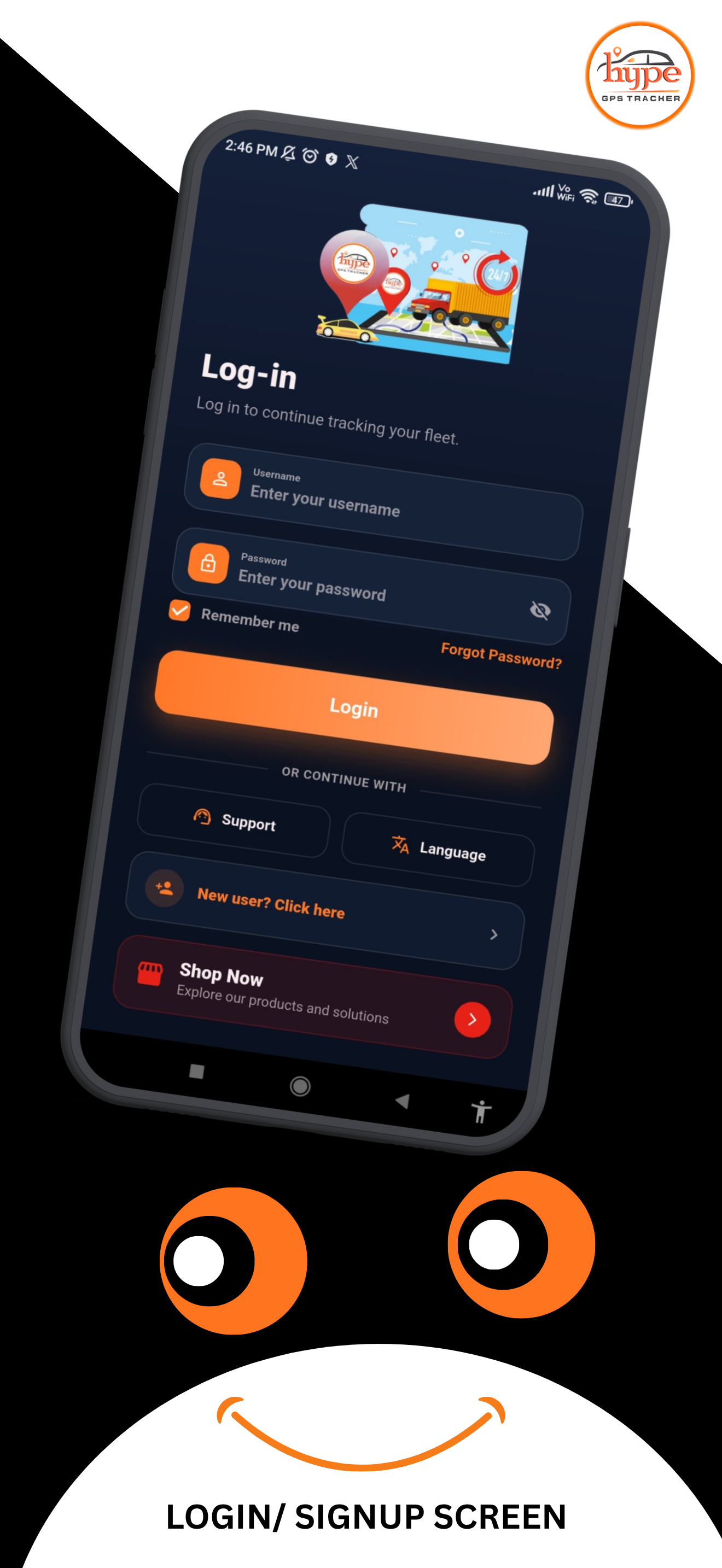 Login and signup screen in the Hype GPS app