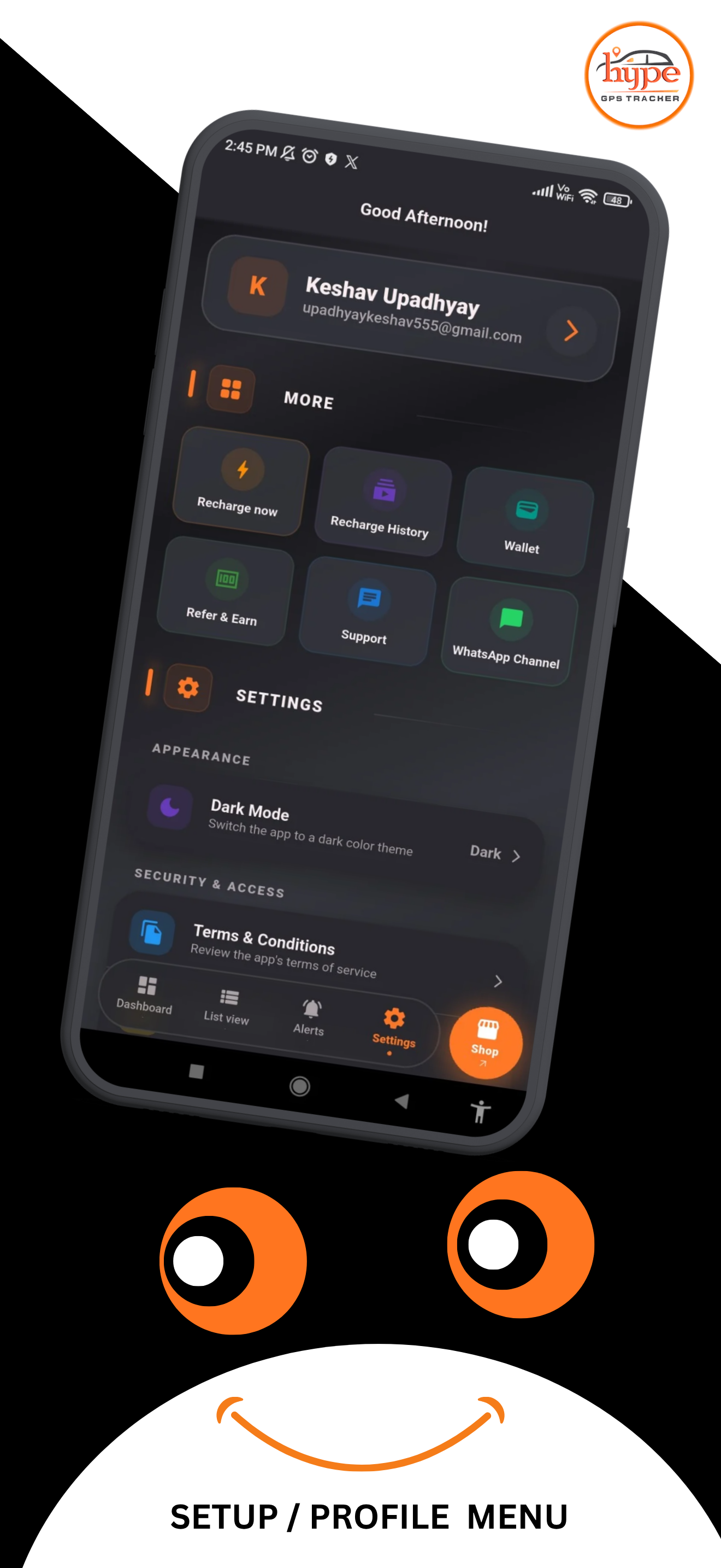 Profile and settings menu in the Hype GPS app