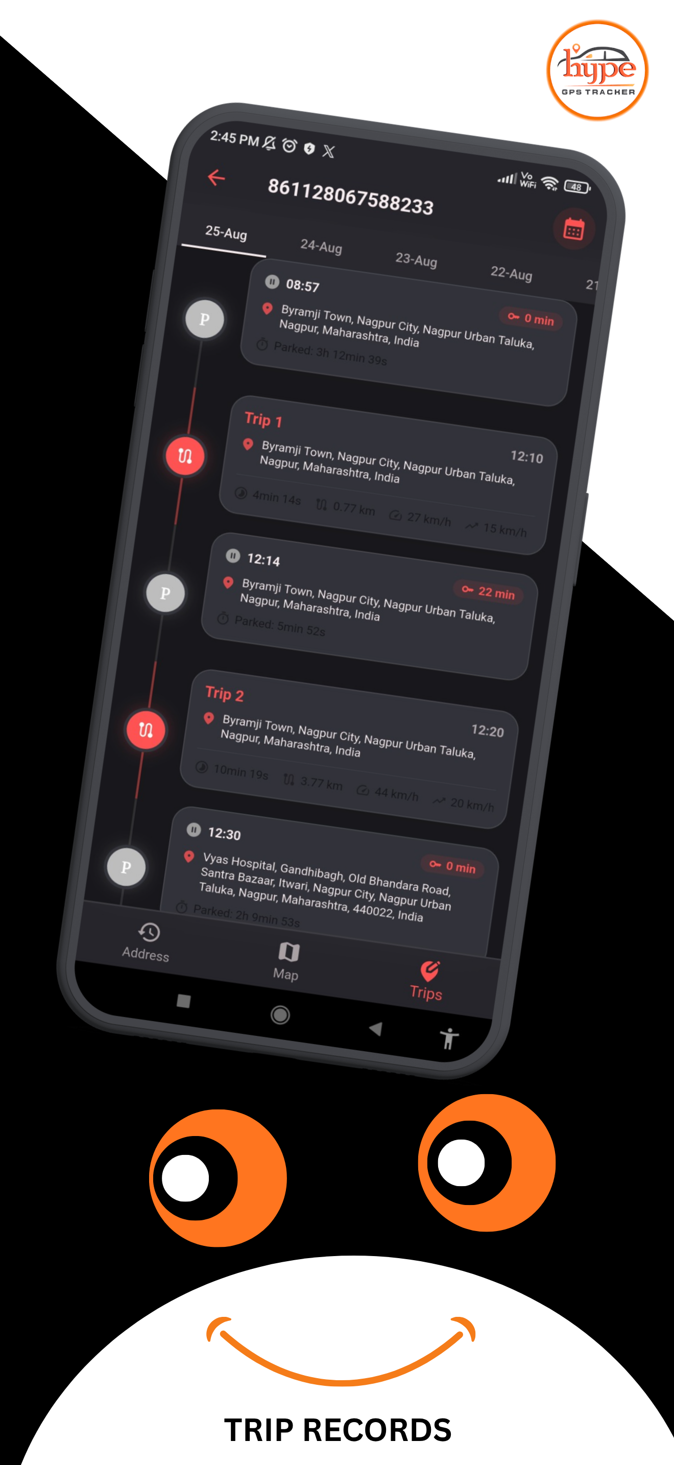 Trip records in the Hype GPS app